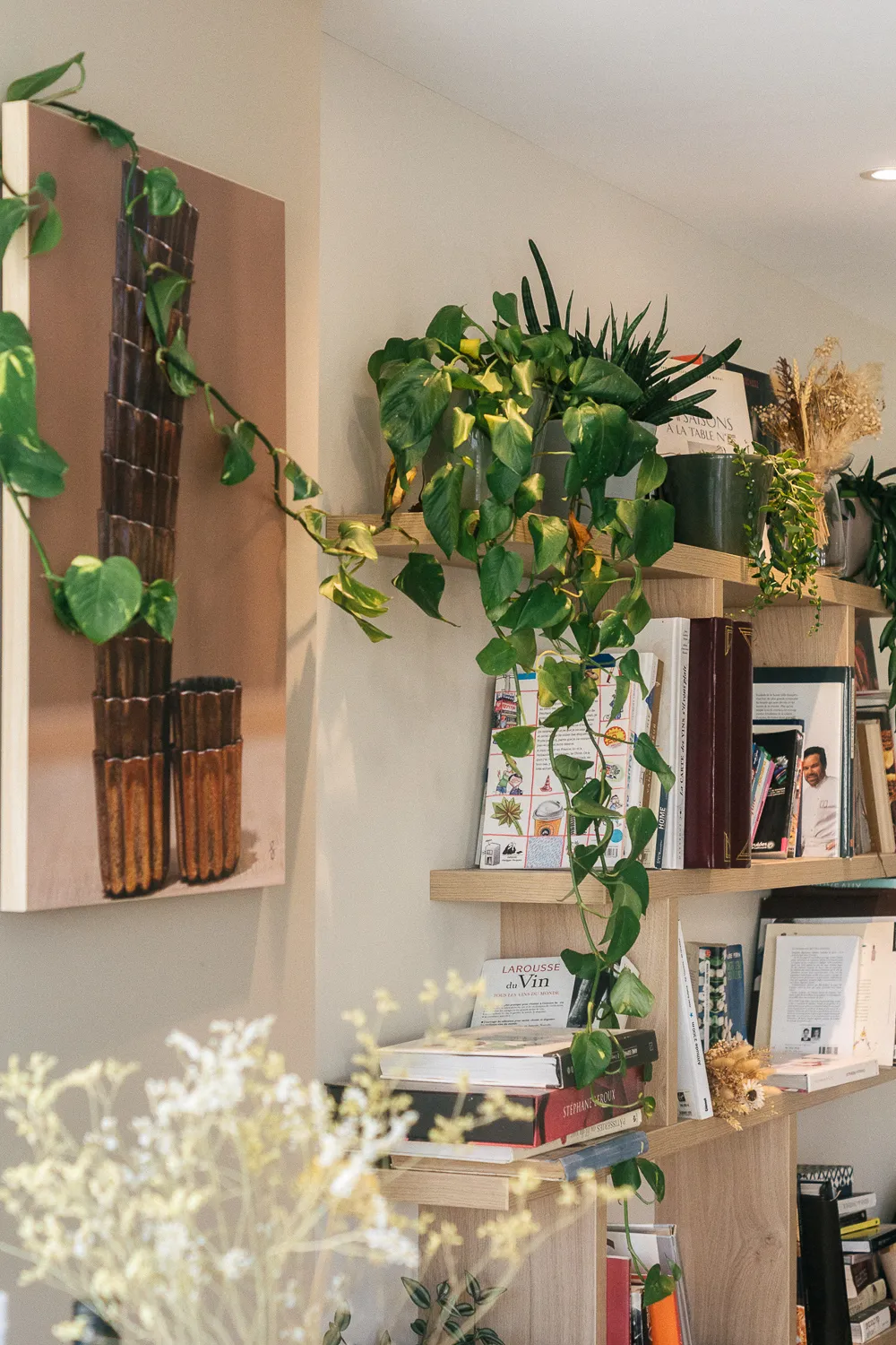 Intérieur du salon de thé : plantes, bibliothèque et lumière naturelle